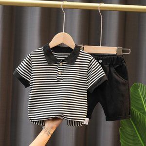 Boys Fashion Lapel Striped T-Shirt And Shorts Set
